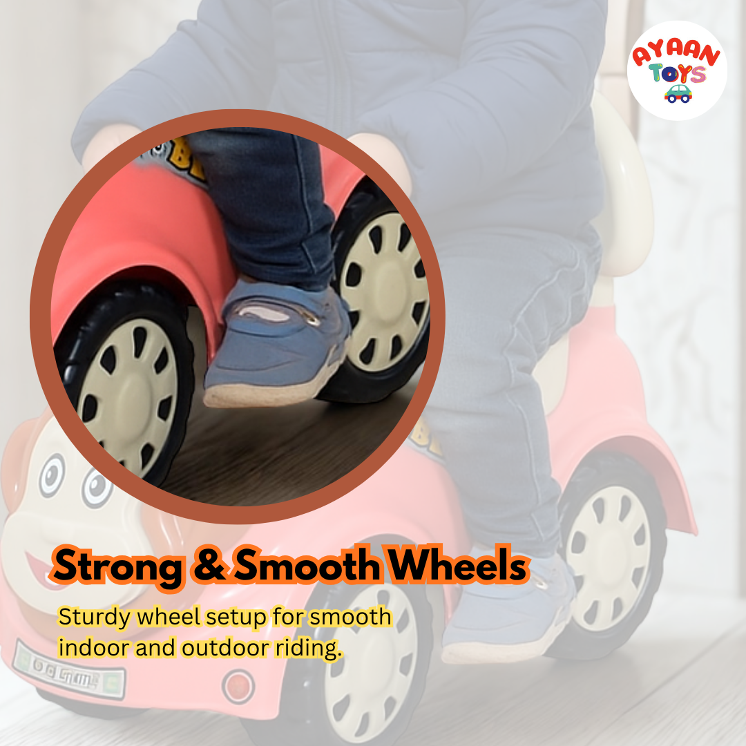Ayaan Toys -  Monkey Face Ride On Car for Kids 1–4 Years | Push Ride On with Backrest & Steering Wheel | Pink Baby Ride On Toy | Indoor Outdoor Foot-to-Floor Car
