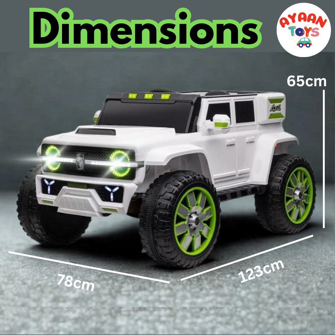 Ayaan Toys - Kids Battery Jeep Car – Off-Road Style, LED Lights, Large Wheels Electric Ride On Car | Battery Operated Jeep for 2-10 Year Boys & Girls | 4 Powerful Motors, Bluetooth Music, LED Lights | Remote + Steering + Mobile App.