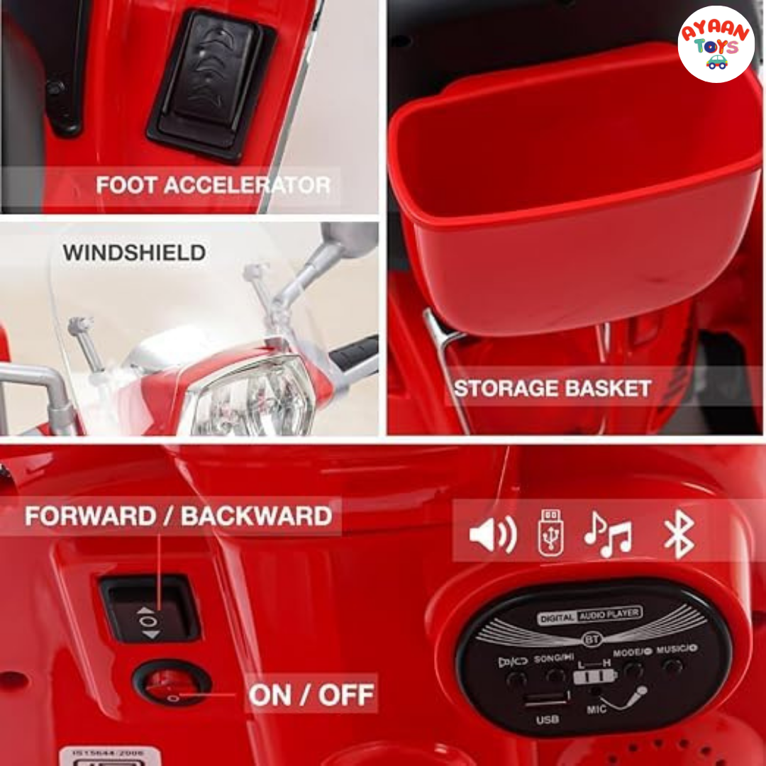 Ayaan Toys Kids Electric Ride-On Scooter | 3-Wheel Battery Operated Scooty for Kids | Dual Seat with Backrest | LED Headlight & Music | Rechargeable Toy Vehicle for Boys & Girls (Red)