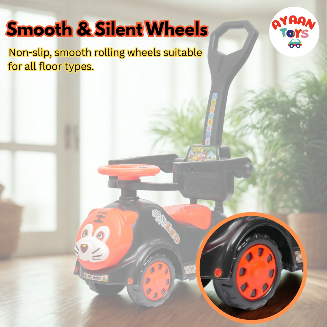 Ayaan Toys Tiger Face Ride-On Push Car for Kids 1–4 Years | Safety Guardrail, Backrest & Parent Handle | Musical Push Ride-On Toy for Boys & Girls | Sturdy Wheelbase & Storage Under Seat.