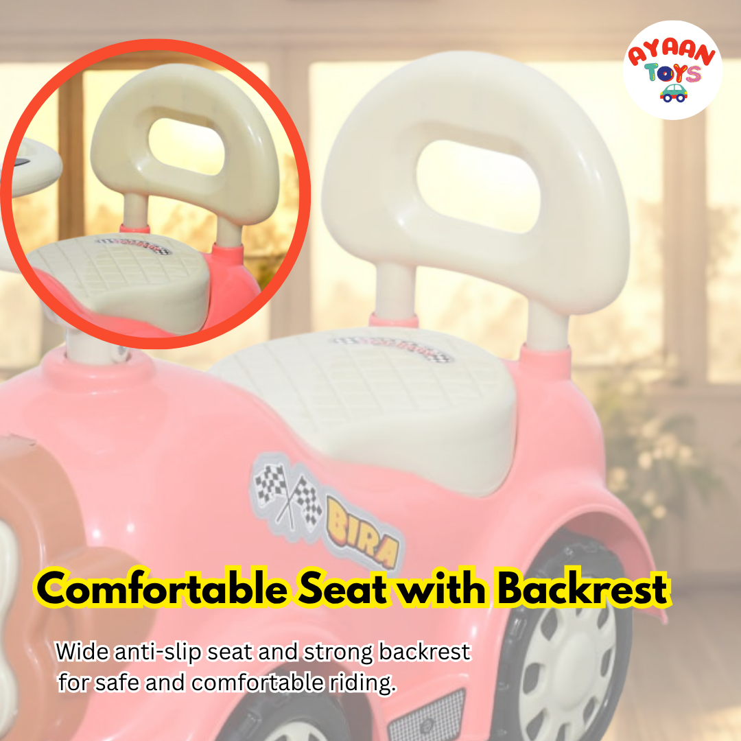 Ayaan Toys -  Monkey Face Ride On Car for Kids 1–4 Years | Push Ride On with Backrest & Steering Wheel | Pink Baby Ride On Toy | Indoor Outdoor Foot-to-Floor Car