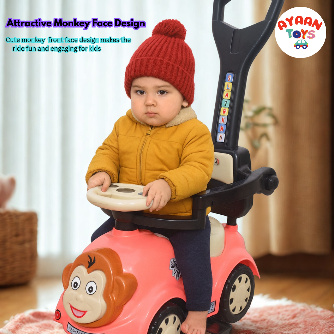 Ayaan Toys Monkey Face Ride-On Push Car for Kids 1–4 Years | Safety Guardrail, Backrest & Parent Handle | Musical Push Ride-On Toy for Boys & Girls | Sturdy Wheelbase & Storage Under Seat.