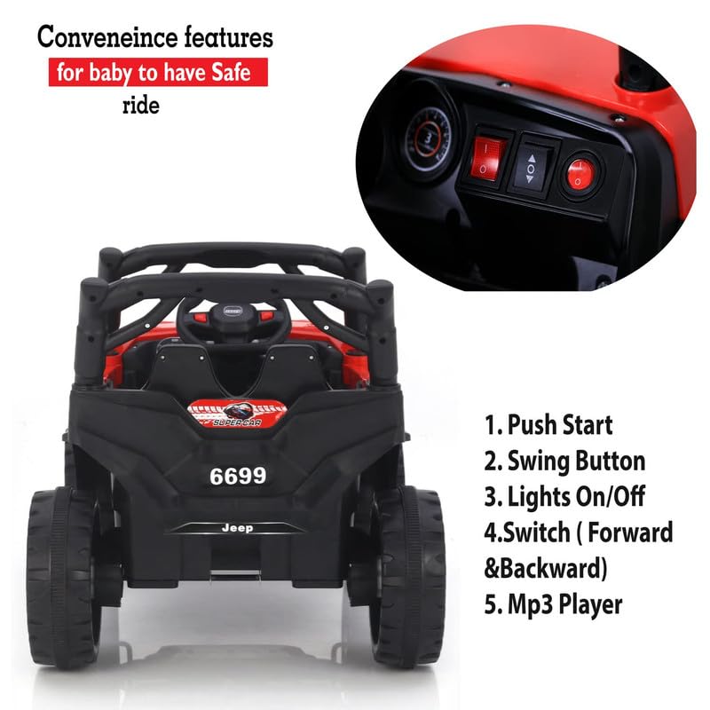 Electric Ride on Jeep for Kids with Music, Led Lights, Swing, Bluetooth Remote and 12V Battery Operated Car for1 to 4 Years Children to Drive (Red)