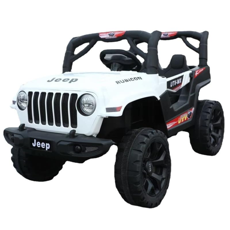Electric Ride on Jeep for Kids with Music, Led Lights, Swing, Bluetooth Remote and 12V Battery Operated Car for 1  to 4 Years Children to Drive (White)