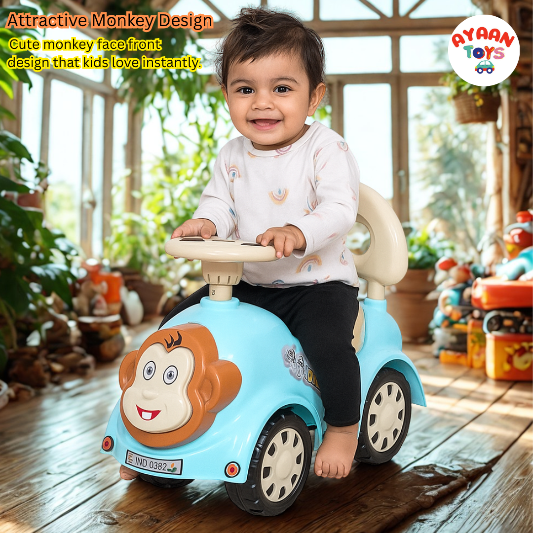 Ayaan Toys -  Monkey Face Ride On Car for Kids 1–4 Years | Push Ride On with Backrest & Steering Wheel | Pink Baby Ride On Toy | Indoor Outdoor Foot-to-Floor Car