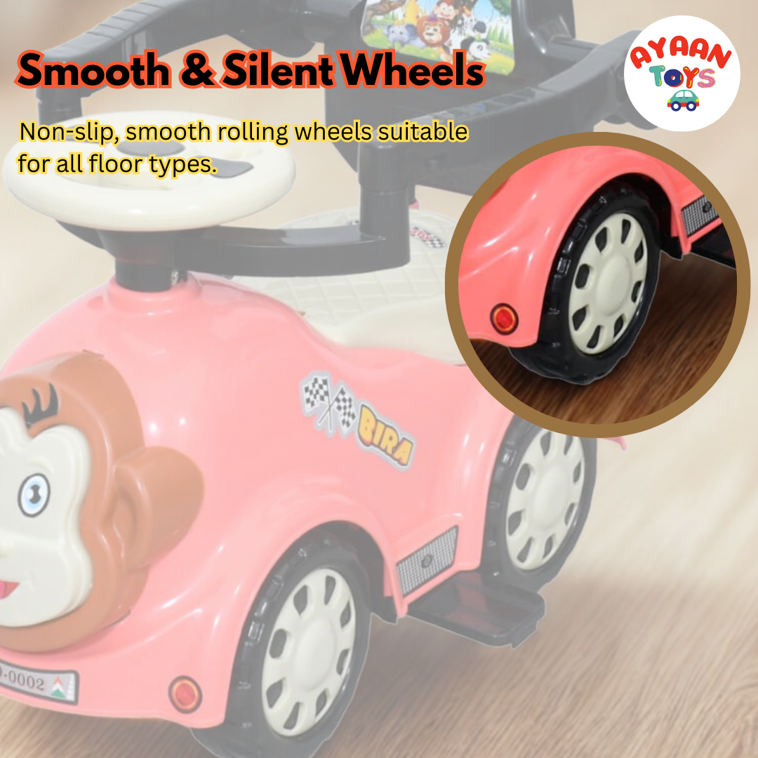 Ayaan Toys Monkey Face Ride-On Push Car for Kids 1–4 Years | Safety Guardrail, Backrest & Parent Handle | Musical Push Ride-On Toy for Boys & Girls | Sturdy Wheelbase & Storage Under Seat.