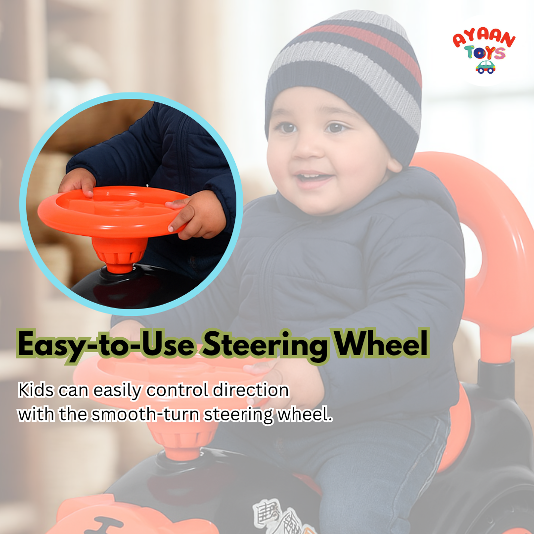 Ayaan Toys -  Tiger Face Ride On Car for Kids 1–4 Years | Push Ride On with Backrest & Steering Wheel | Black & Red Baby Ride On Toy | Indoor Outdoor Foot-to-Floor Car