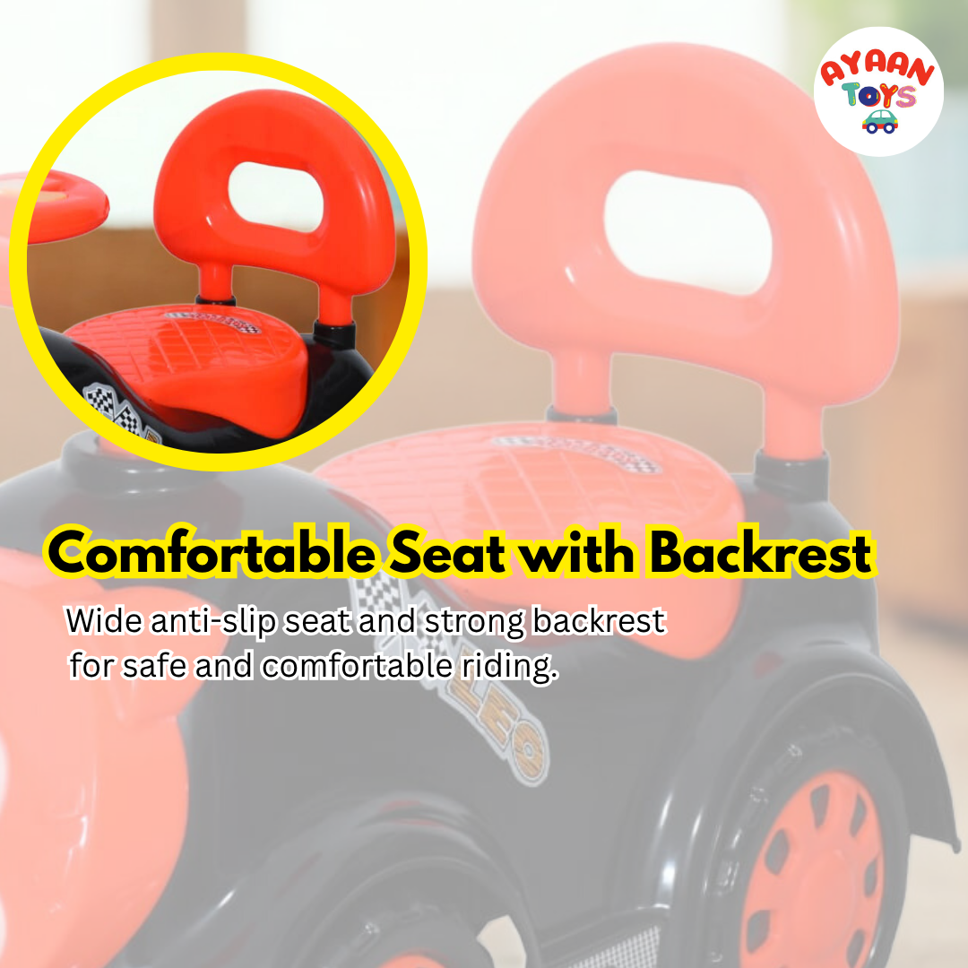 Ayaan Toys -  Tiger Face Ride On Car for Kids 1–4 Years | Push Ride On with Backrest & Steering Wheel | Black & Red Baby Ride On Toy | Indoor Outdoor Foot-to-Floor Car