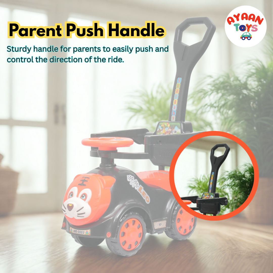 Ayaan Toys Tiger Face Ride-On Push Car for Kids 1–4 Years | Safety Guardrail, Backrest & Parent Handle | Musical Push Ride-On Toy for Boys & Girls | Sturdy Wheelbase & Storage Under Seat.