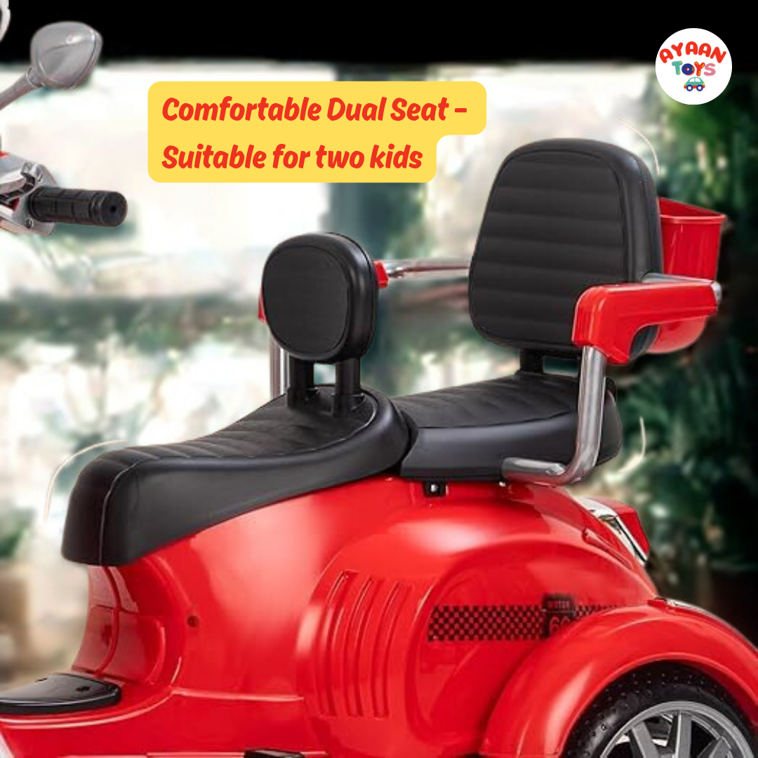 Ayaan Toys Kids Electric Ride-On Scooter | 3-Wheel Battery Operated Scooty for Kids | Dual Seat with Backrest | LED Headlight & Music | Rechargeable Toy Vehicle for Boys & Girls (Red)