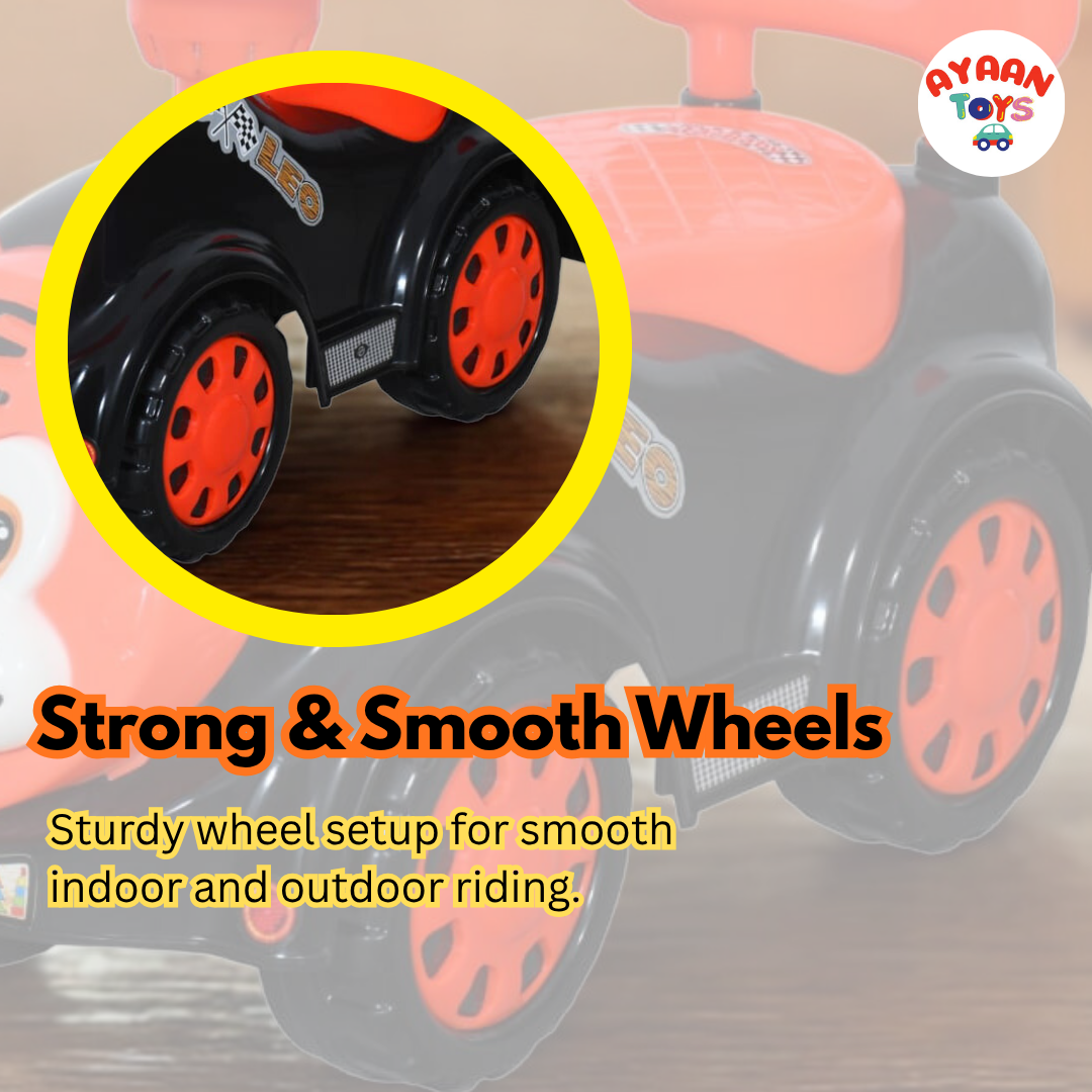 Ayaan Toys -  Tiger Face Ride On Car for Kids 1–4 Years | Push Ride On with Backrest & Steering Wheel | Black & Red Baby Ride On Toy | Indoor Outdoor Foot-to-Floor Car