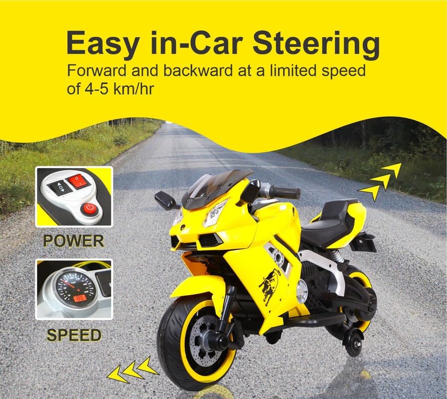 Rechargeable bike for kids| Battery operated bike for kids  12V Battery Operated Ride on Bike for Kids with Hand Race, Music and Lights in Wheels Suitable for Boy | Girls of Age 2 to 6 Years -Yellow