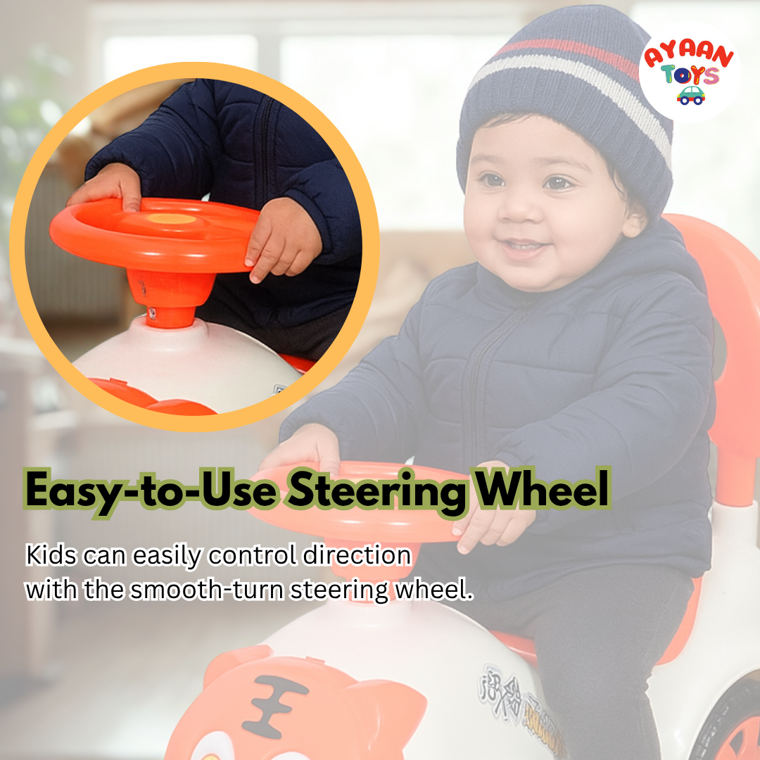 Ayaan Toys -  Tiger Face Ride On Car for Kids 1–4 Years | Push Ride On with Backrest & Steering Wheel | Orange & white Baby Ride On Toy | Indoor Outdoor Foot-to-Floor Car