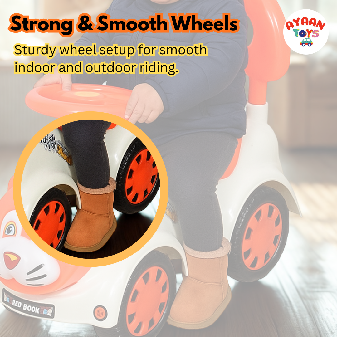 Ayaan Toys -  Tiger Face Ride On Car for Kids 1–4 Years | Push Ride On with Backrest & Steering Wheel | Orange & white Baby Ride On Toy | Indoor Outdoor Foot-to-Floor Car