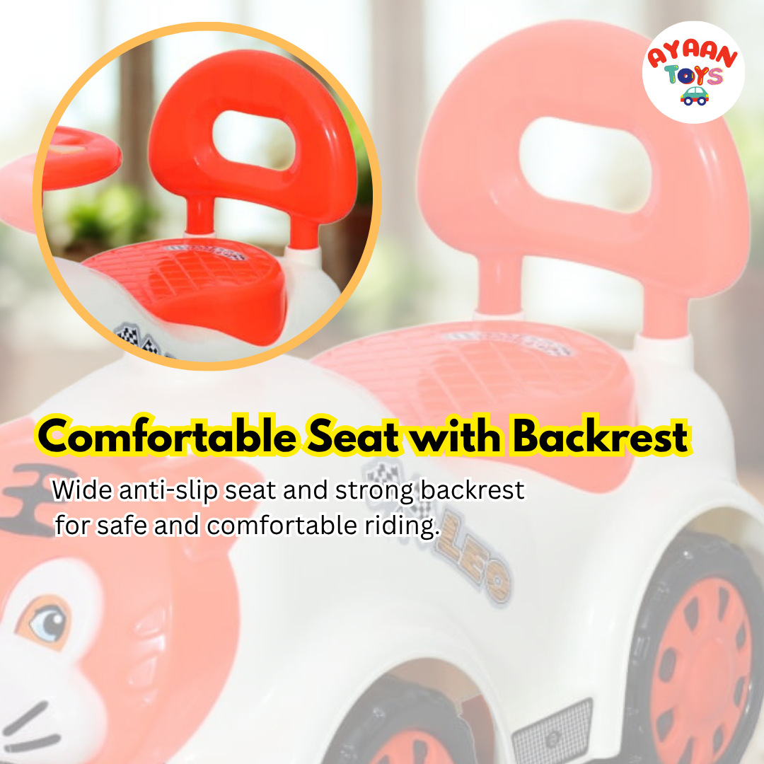 Ayaan Toys -  Tiger Face Ride On Car for Kids 1–4 Years | Push Ride On with Backrest & Steering Wheel | Orange & white Baby Ride On Toy | Indoor Outdoor Foot-to-Floor Car