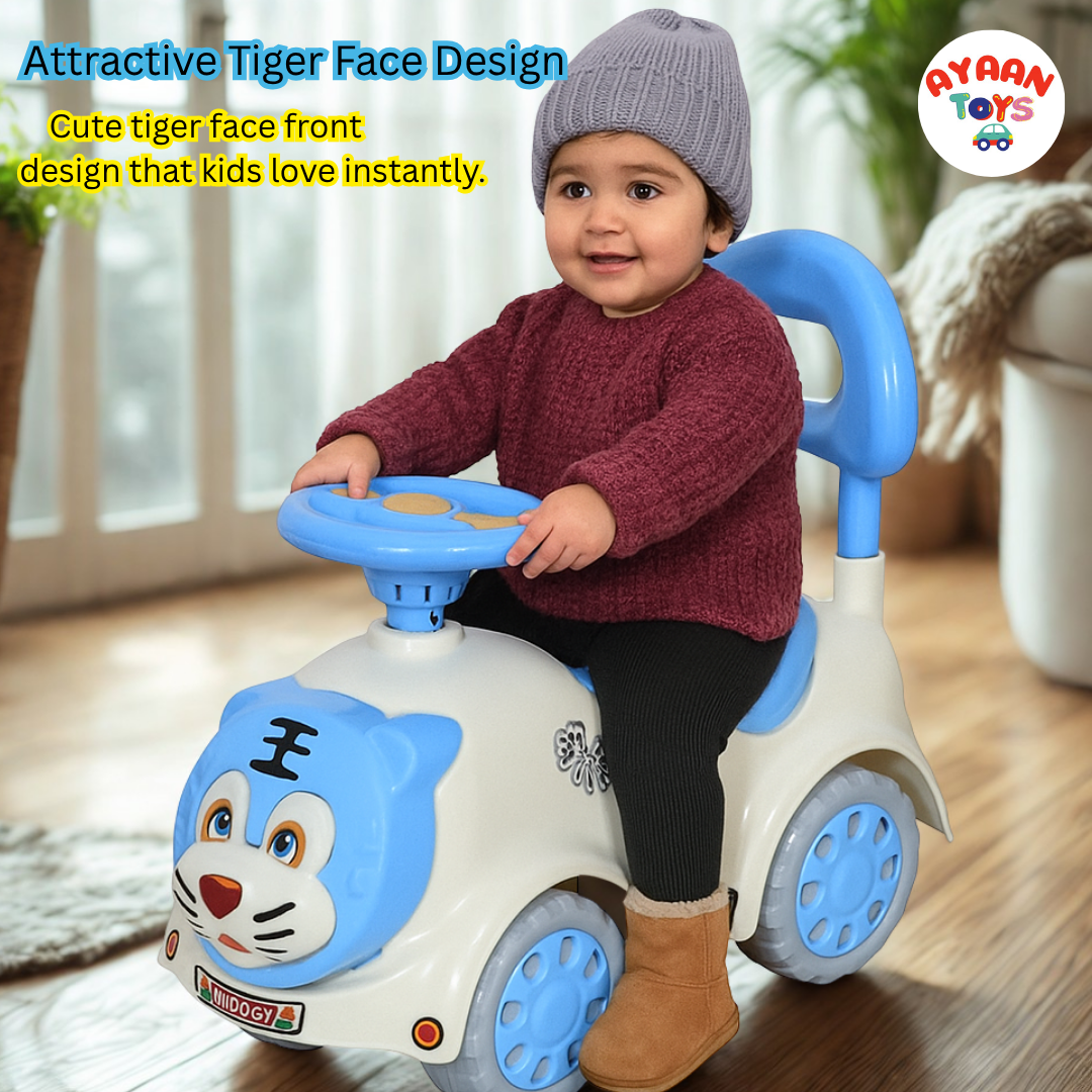 Ayaan Toys -  Tiger Face Ride On Car for Kids 1–4 Years | Push Ride On with Backrest & Steering Wheel | SkyBlue & White Baby Ride On Toy | Indoor Outdoor Foot-to-Floor Car