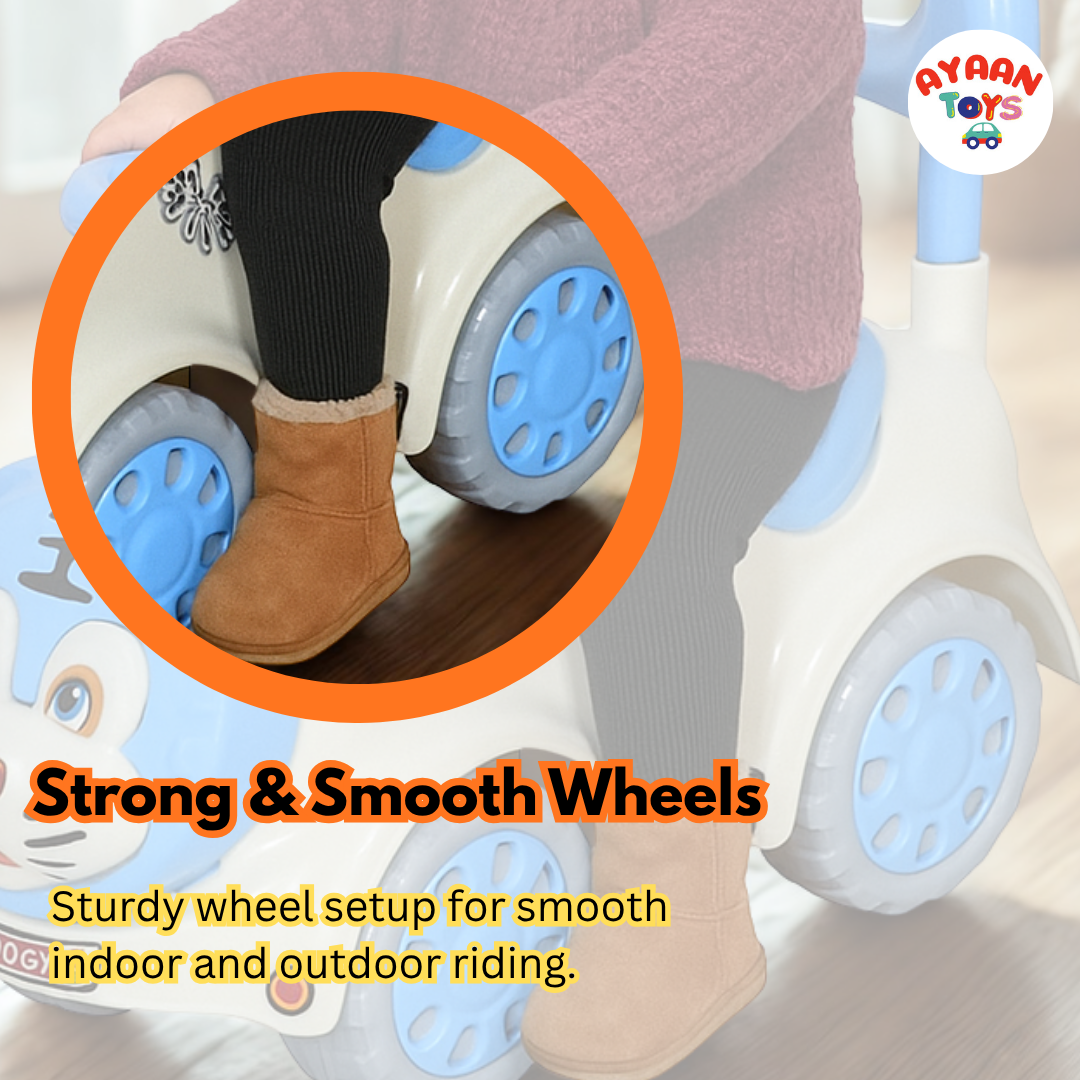 Ayaan Toys -  Tiger Face Ride On Car for Kids 1–4 Years | Push Ride On with Backrest & Steering Wheel | SkyBlue & White Baby Ride On Toy | Indoor Outdoor Foot-to-Floor Car