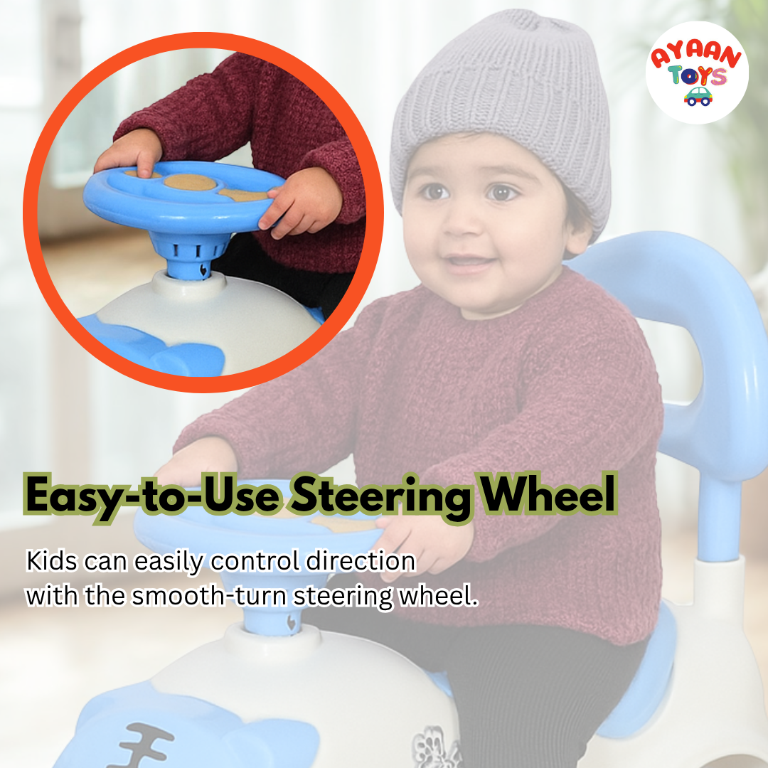 Ayaan Toys -  Tiger Face Ride On Car for Kids 1–4 Years | Push Ride On with Backrest & Steering Wheel | SkyBlue & White Baby Ride On Toy | Indoor Outdoor Foot-to-Floor Car