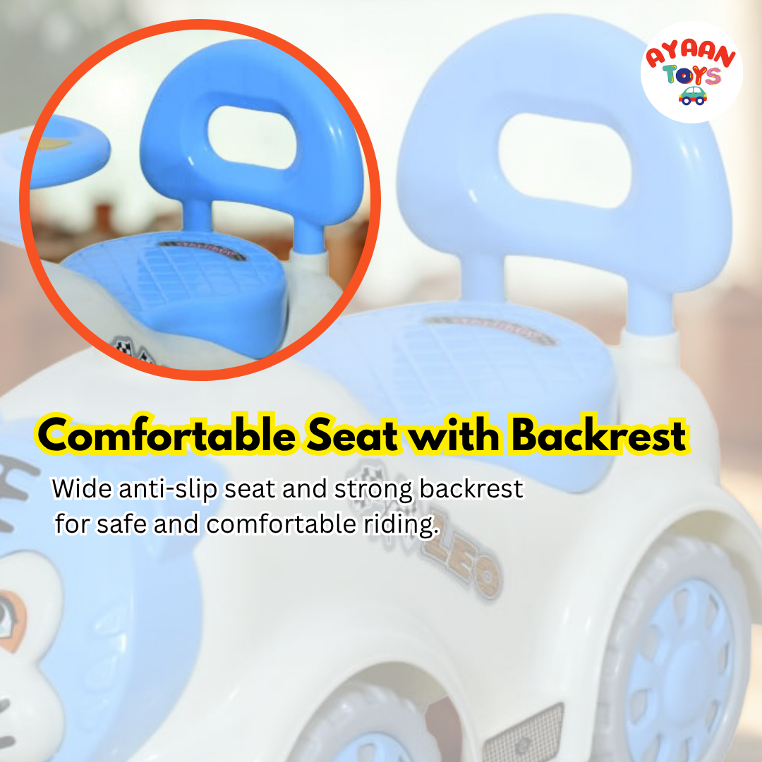 Ayaan Toys -  Tiger Face Ride On Car for Kids 1–4 Years | Push Ride On with Backrest & Steering Wheel | SkyBlue & White Baby Ride On Toy | Indoor Outdoor Foot-to-Floor Car