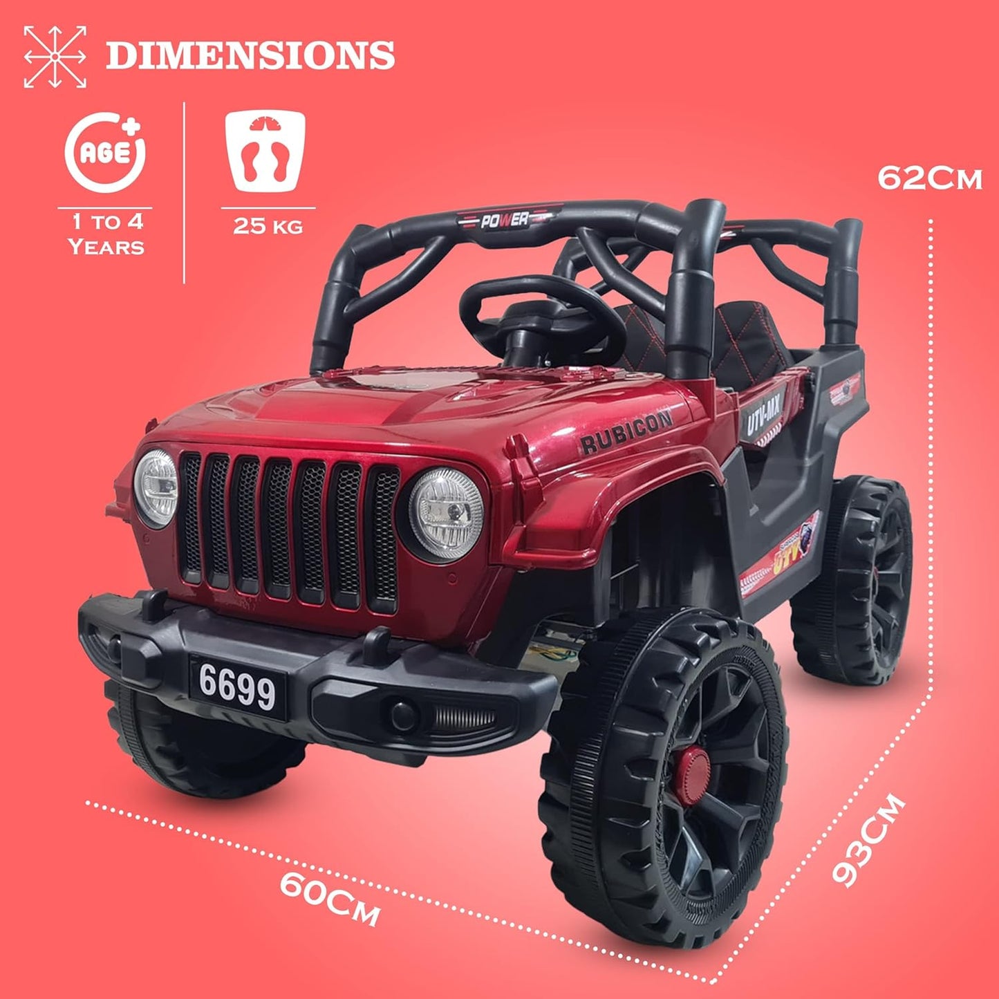Battery Operated Car For Kids |Electric Ride on Jeep for Kids with Music, Led Lights, Swing, Bluetooth Remote and 12V Battery Operated Car for 1 to 4 Years Children to Drive (Metallic Red)