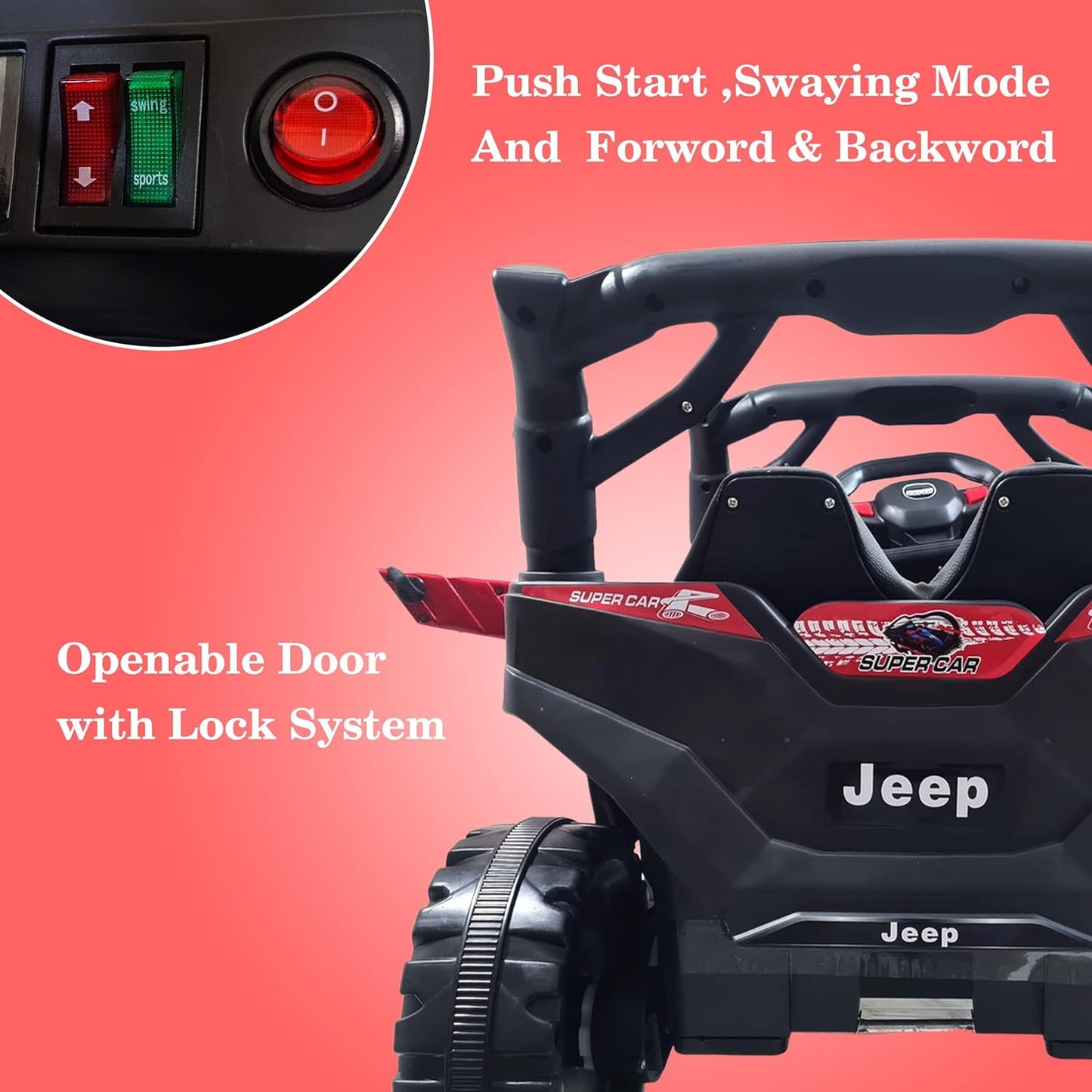 Battery Operated Car For Kids |Electric Ride on Jeep for Kids with Music, Led Lights, Swing, Bluetooth Remote and 12V Battery Operated Car for 1 to 4 Years Children to Drive (Metallic Red)