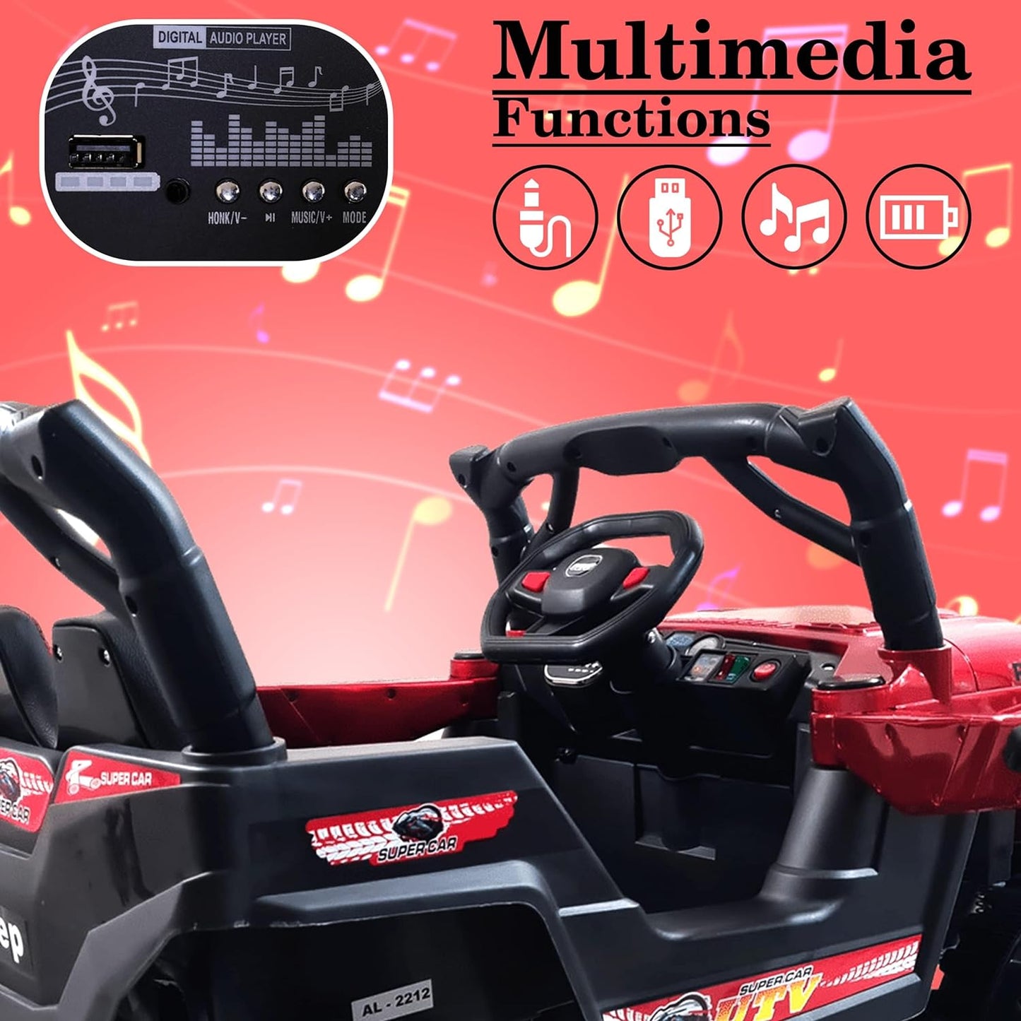 Battery Operated Car For Kids |Electric Ride on Jeep for Kids with Music, Led Lights, Swing, Bluetooth Remote and 12V Battery Operated Car for 1 to 4 Years Children to Drive (Metallic Red)