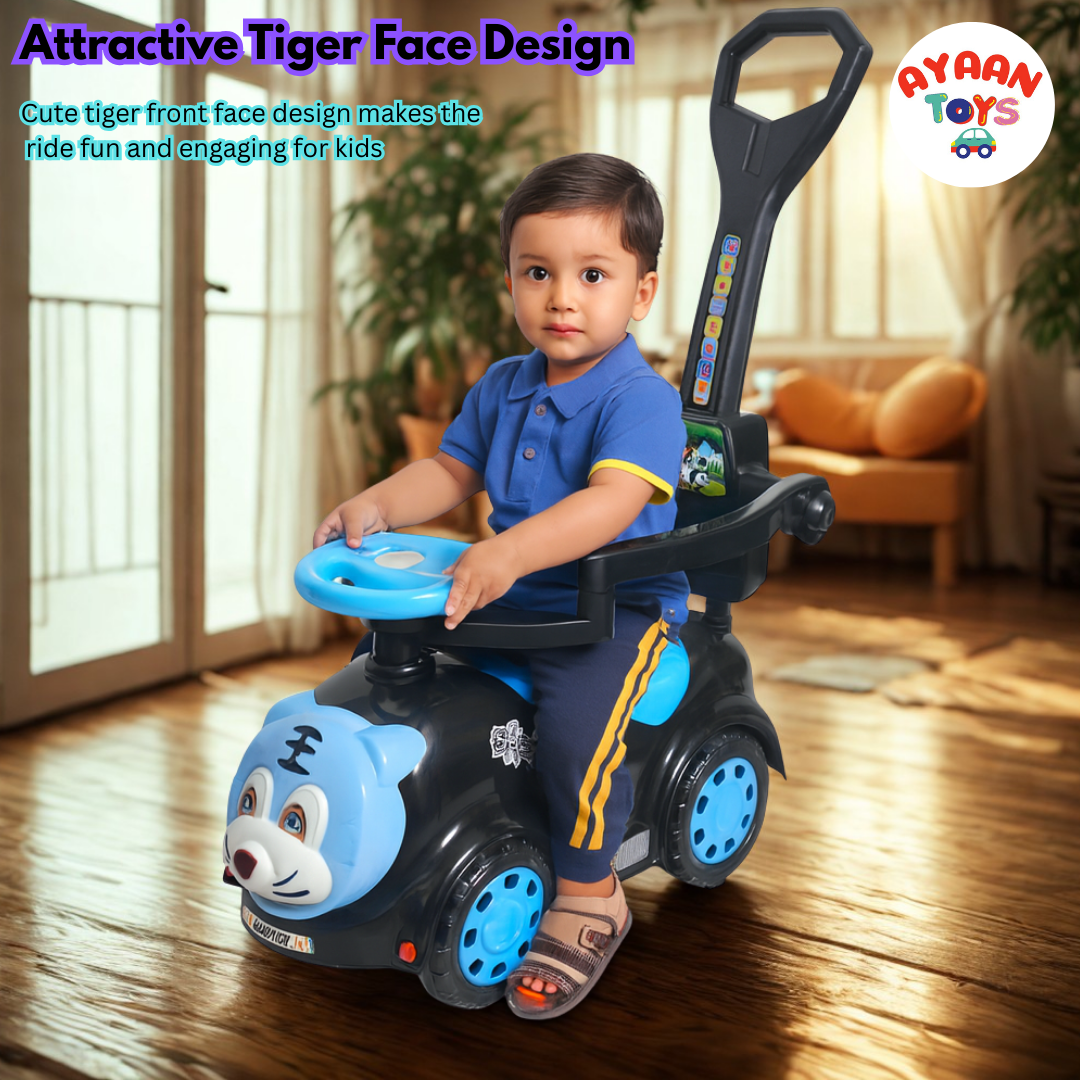 Ayaan Toys Tiger Face Ride-On Push Car for Kids 1–4 Years | Safety Guardrail, Backrest & Parent Handle | Musical Push Ride-On Toy for Boys & Girls | Sturdy Wheelbase & Storage Under Seat.