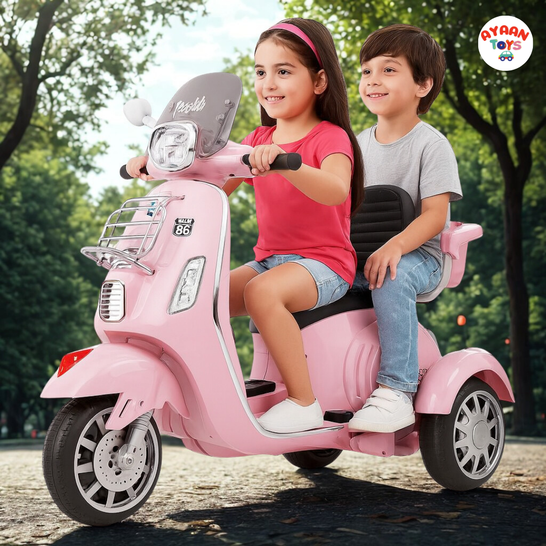Ayaan Toys Kids Electric Ride-On Scooter | 3-Wheel Battery Operated Scooty for Kids | Dual Seat with Backrest | LED Headlight & Music | Rechargeable Toy Vehicle for Boys & Girls (pink)