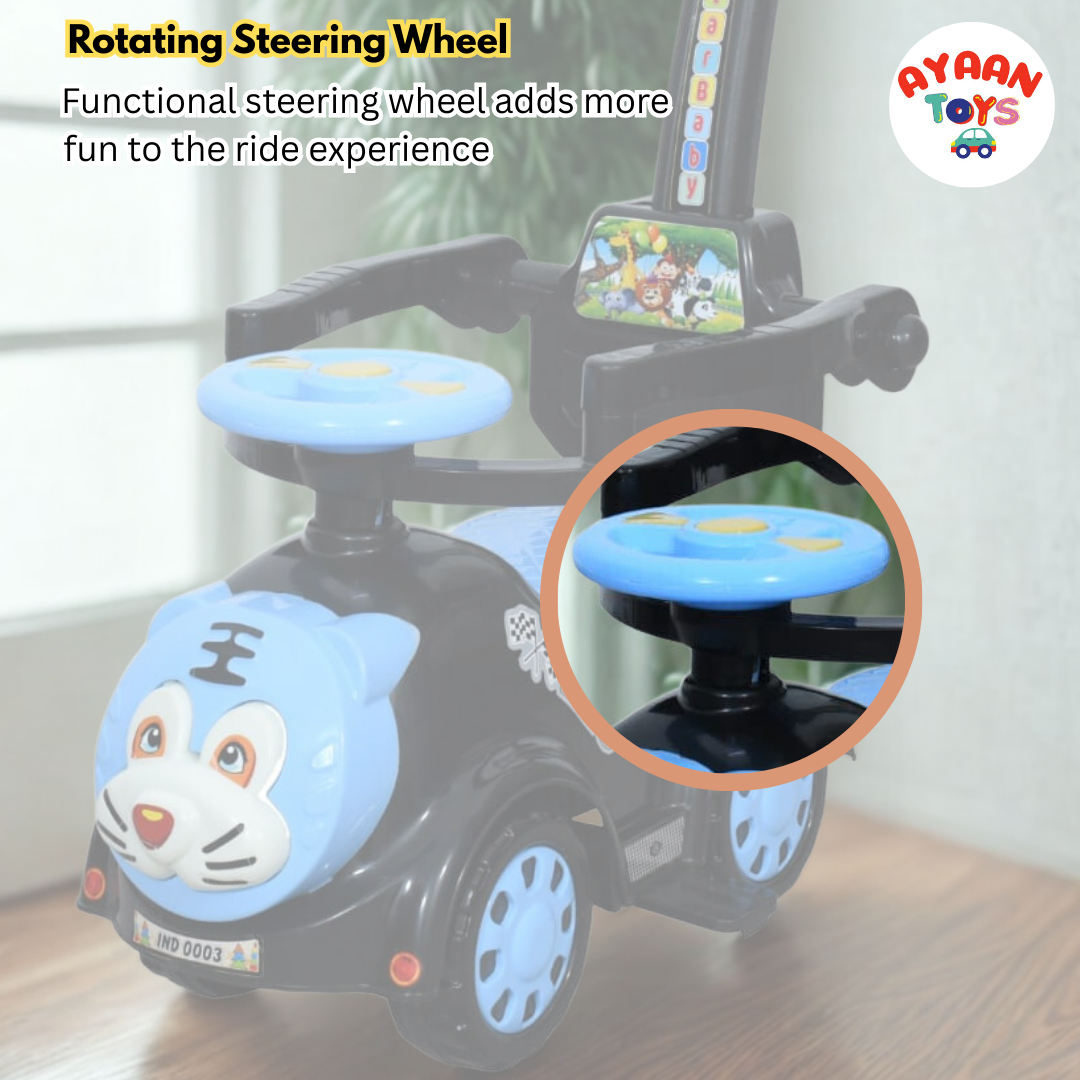 Ayaan Toys Tiger Face Ride-On Push Car for Kids 1–4 Years | Safety Guardrail, Backrest & Parent Handle | Musical Push Ride-On Toy for Boys & Girls | Sturdy Wheelbase & Storage Under Seat.
