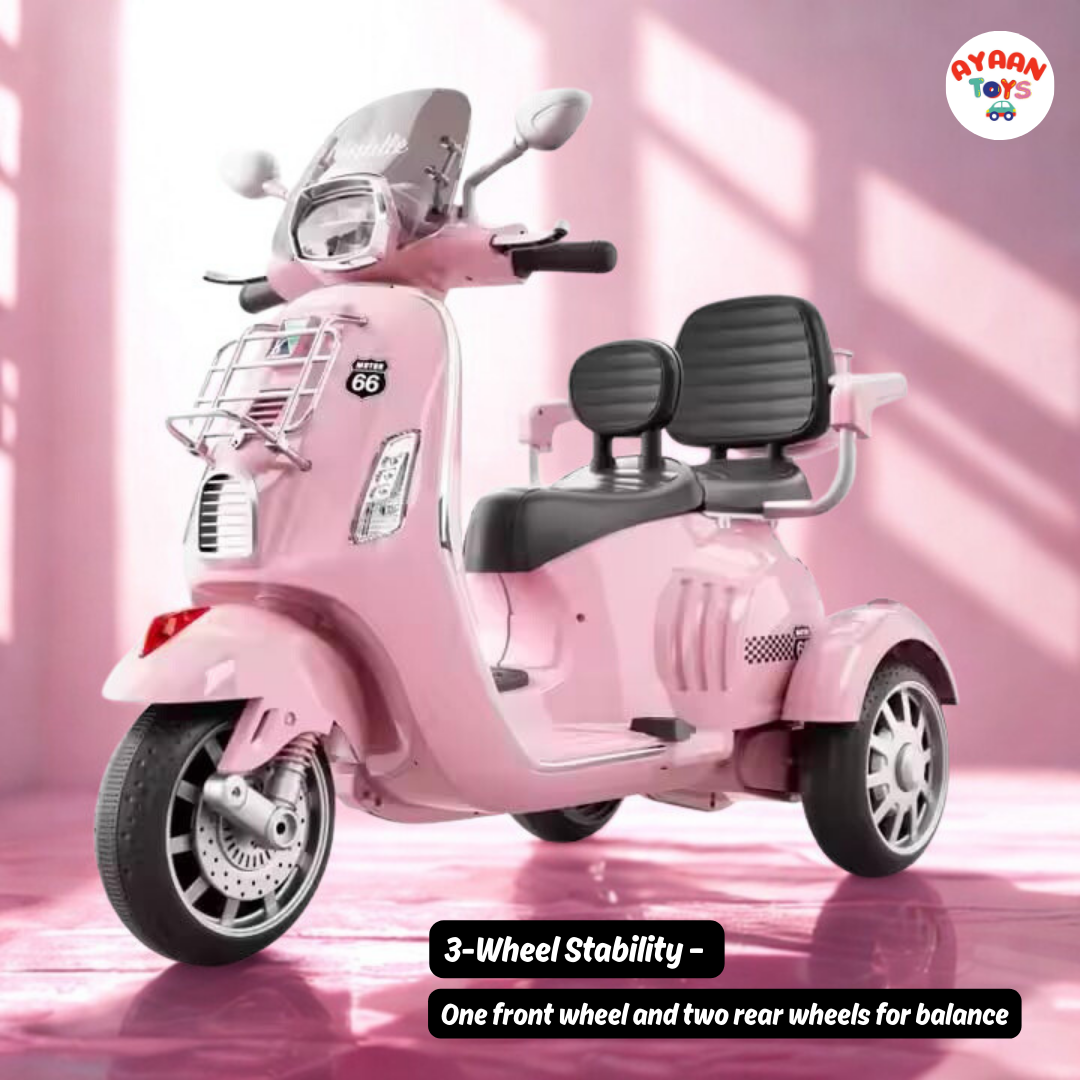 Ayaan Toys Kids Electric Ride-On Scooter | 3-Wheel Battery Operated Scooty for Kids | Dual Seat with Backrest | LED Headlight & Music | Rechargeable Toy Vehicle for Boys & Girls (pink)