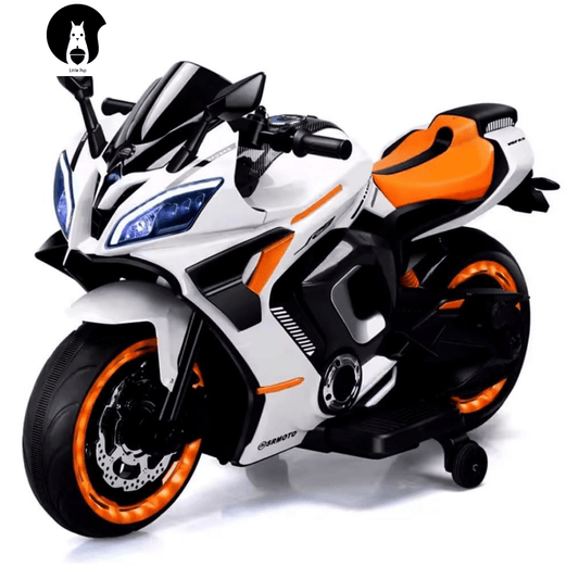 Yamaha R9 electric ride-on bike for kids with rechargeable battery, LED lights, and music player