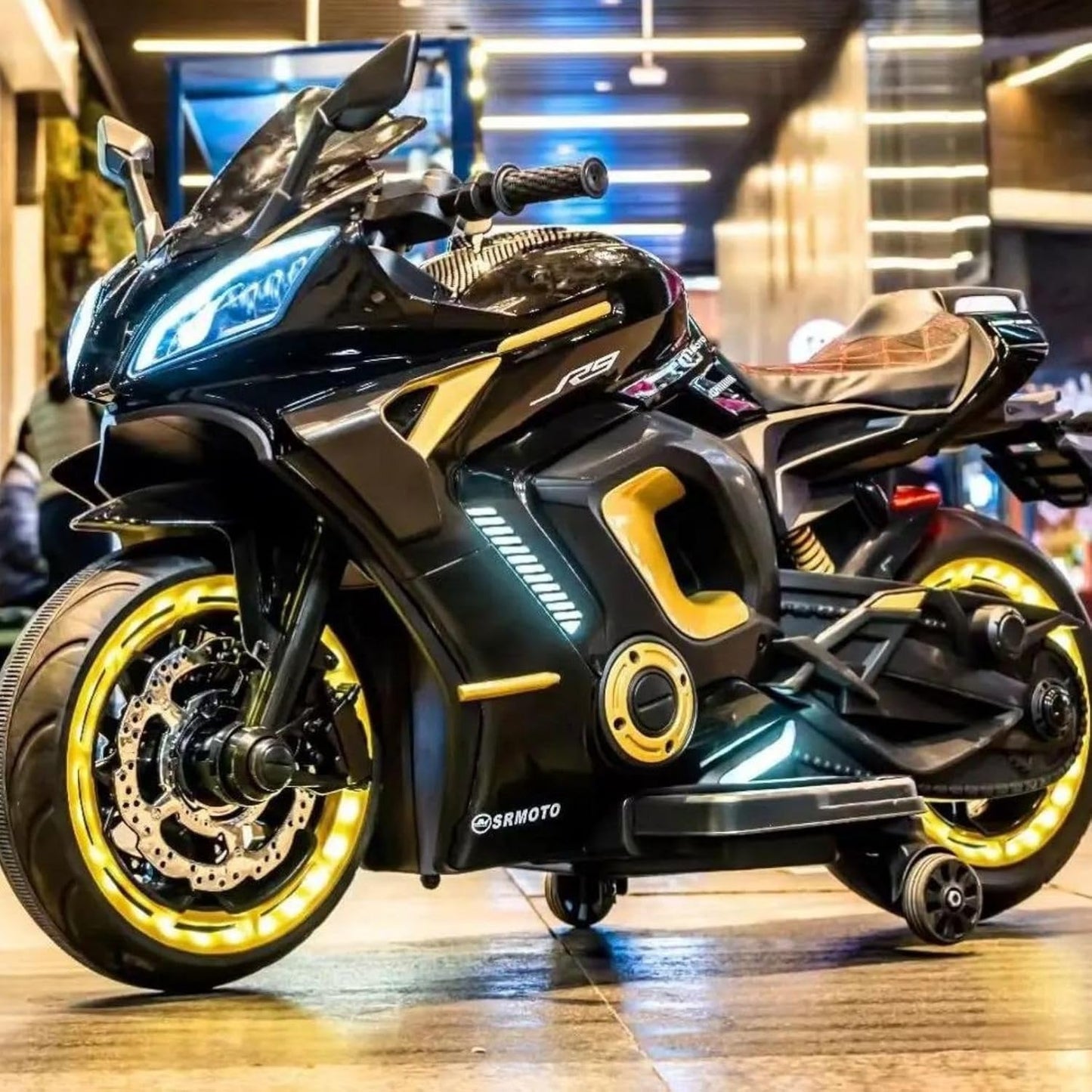Yamaha R9 electric ride-on bike for kids with LED lights, music, and rechargeable battery