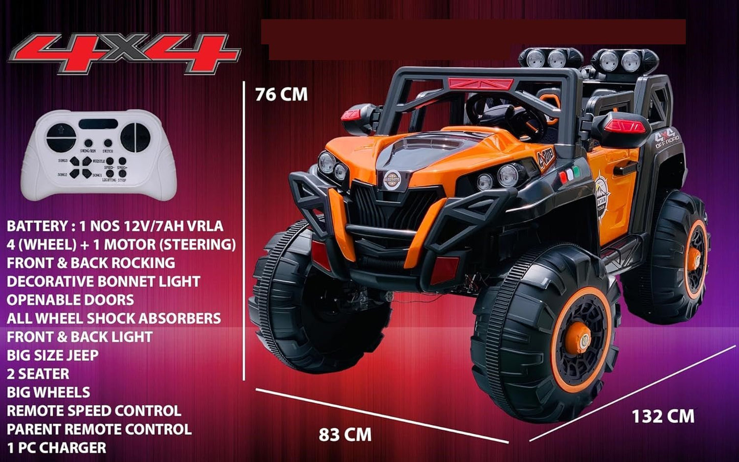 Battery operated kids jeep in orange with parental control and swing mode