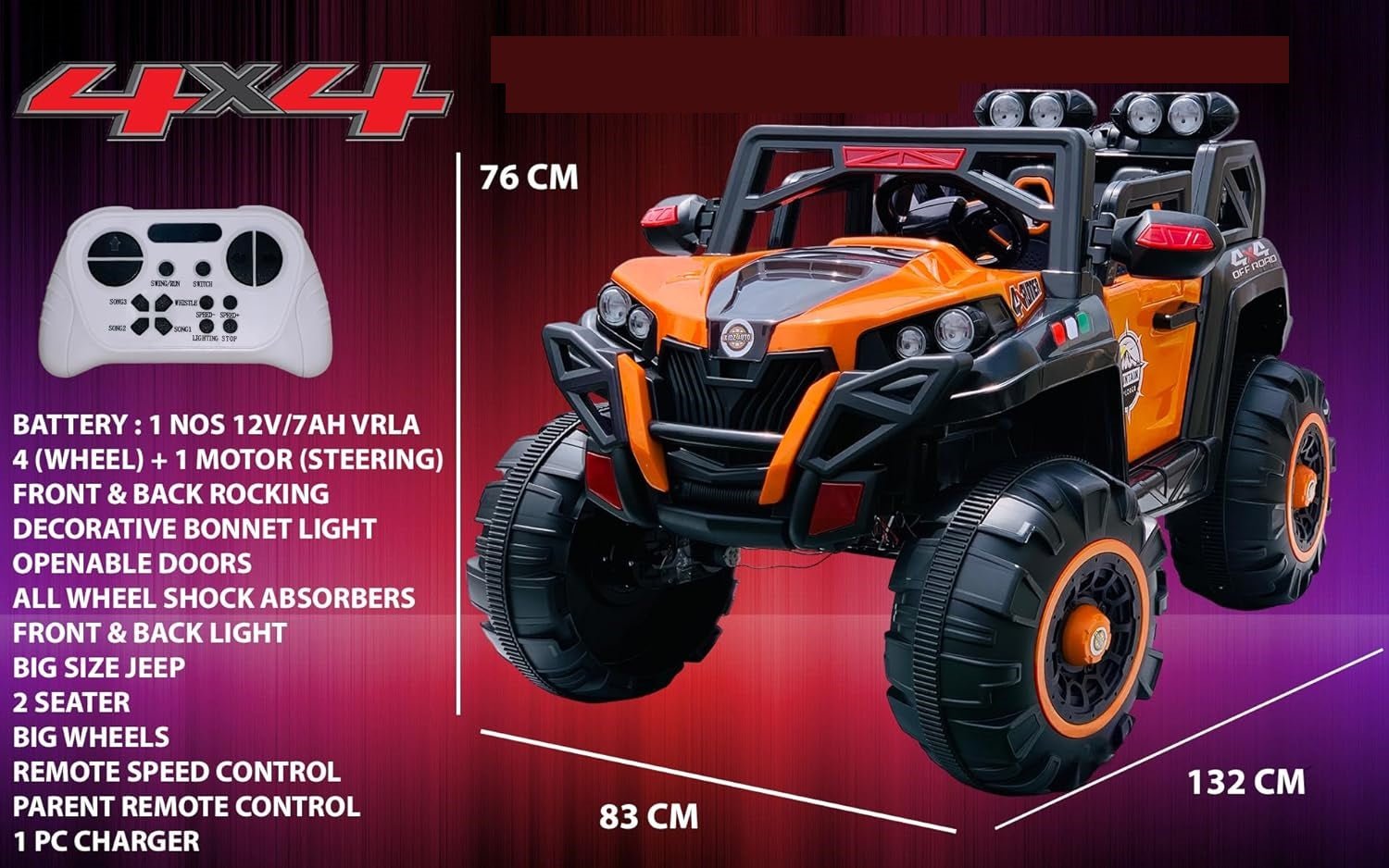 Battery operated kids jeep in orange with parental control and swing mode