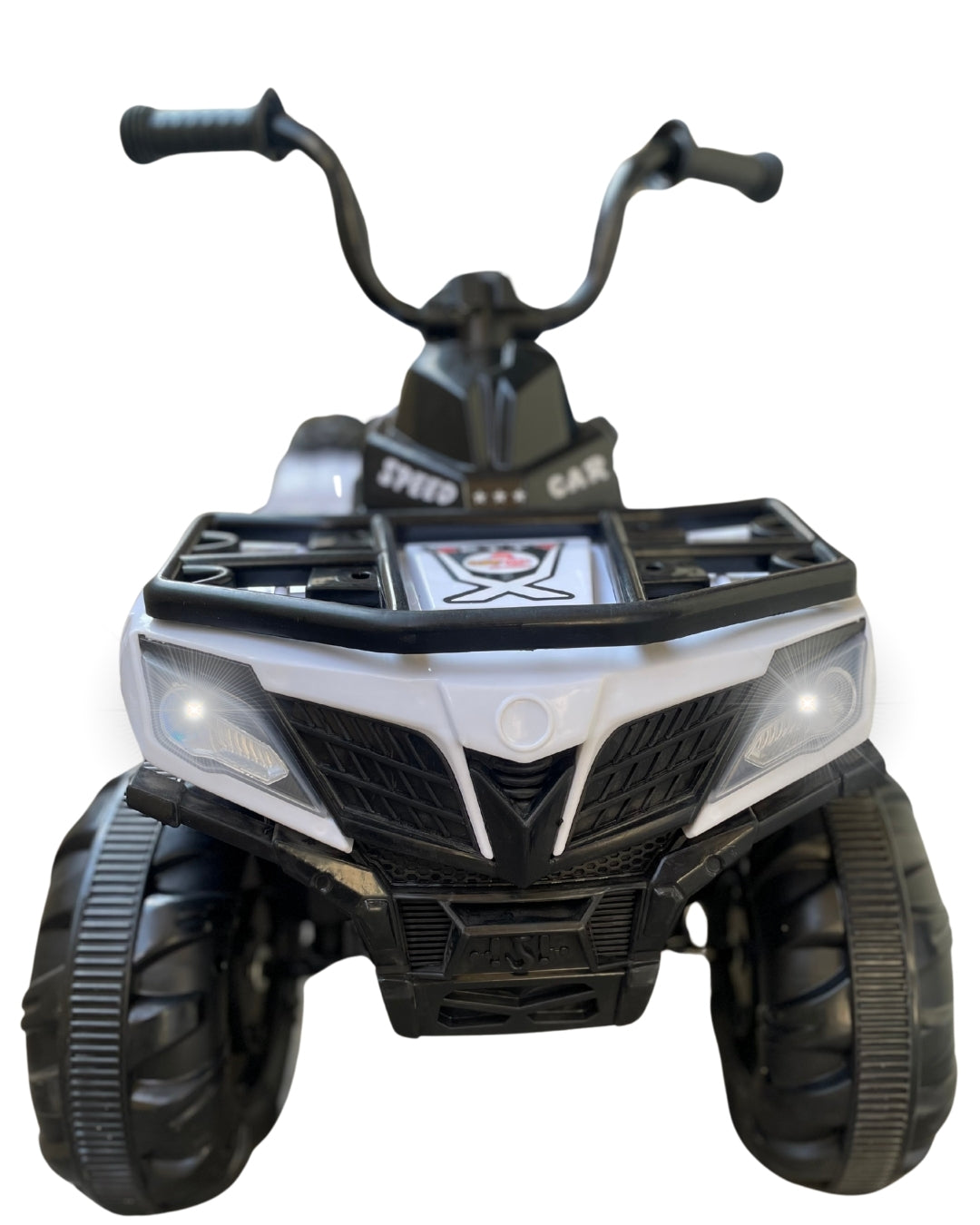 Black and white electric ride-on ATV for kids with music and forward/backward function