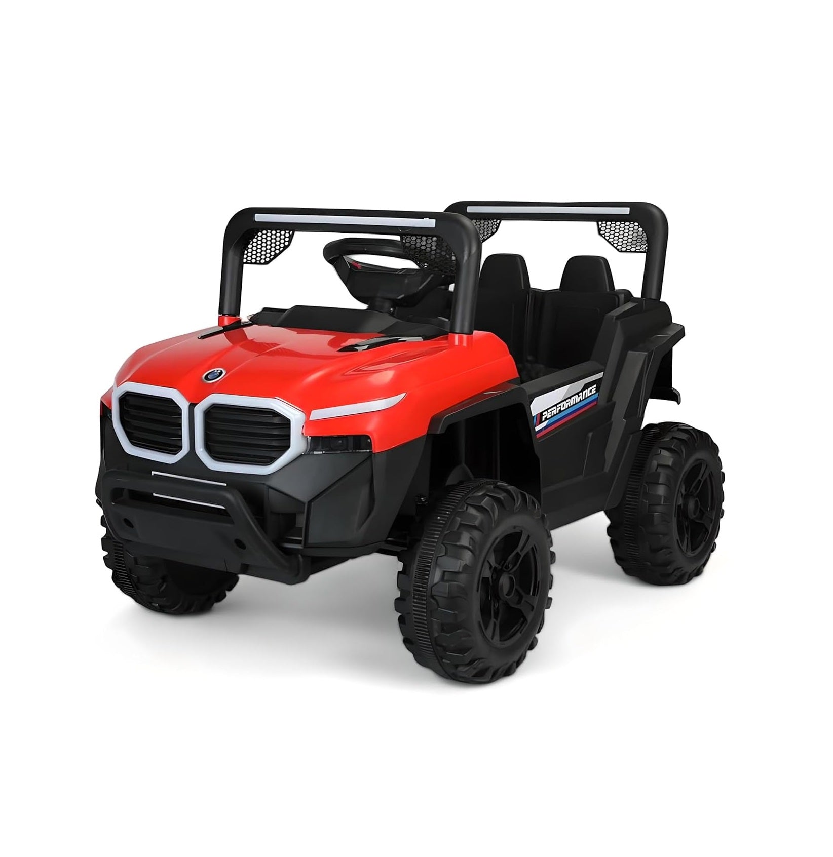Red battery-operated ride-on jeep for toddlers aged 2 to 5 years
