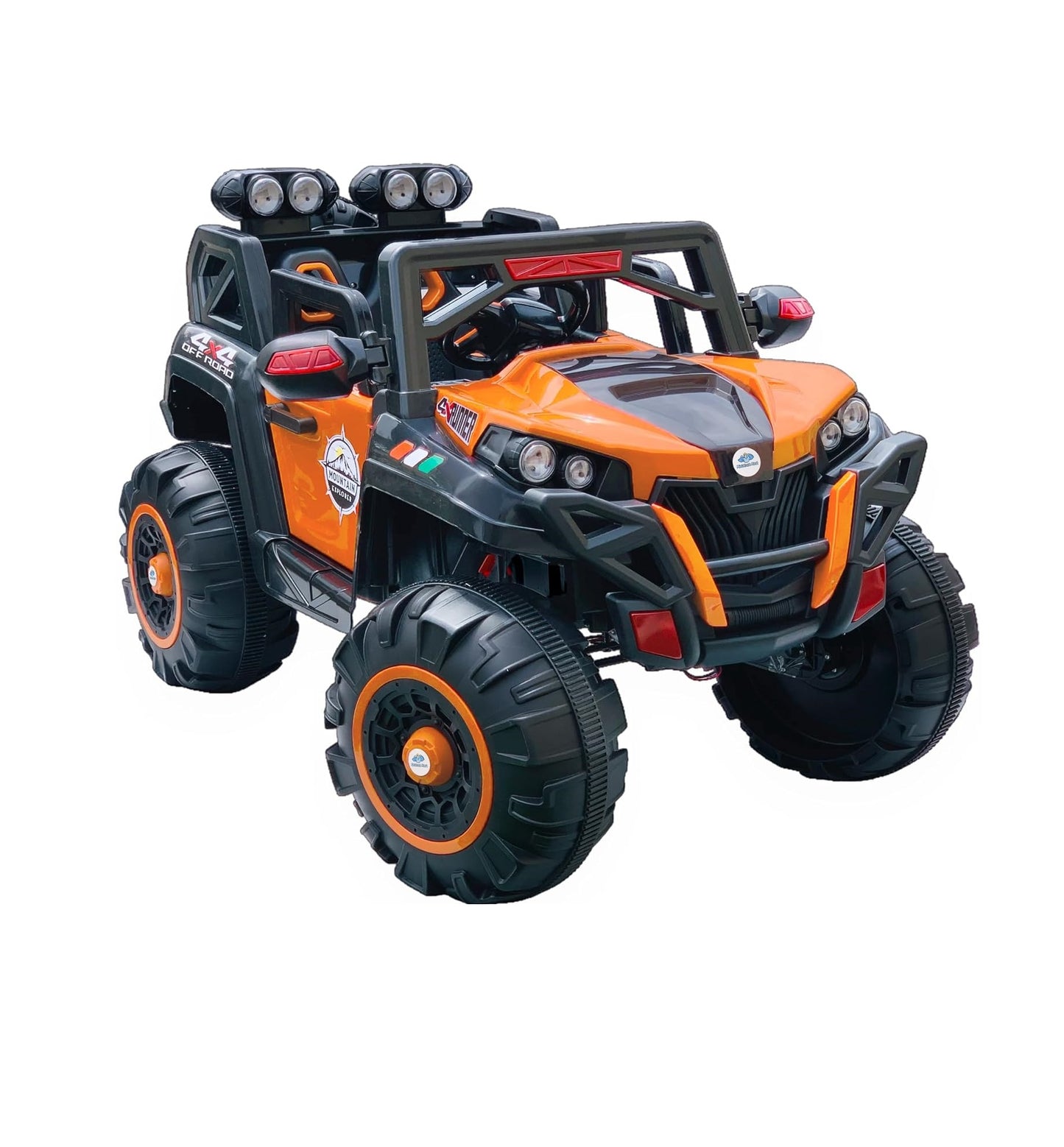 Orange 12V ride-on jeep with swing and music system for kids