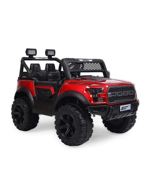 Red 12V battery operated jeep for kids with remote and suspension